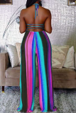 Pink Sexy Striped Split Joint Halter Plus Size Jumpsuits