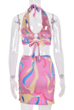 Pink Sexy Print Hollowed Out V Neck Sleeveless Two Pieces