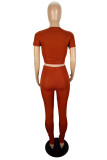Tangerine Red Fashion Casual Solid Draw String V Neck Short Sleeve Two Pieces