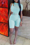 Light Blue Fashion Sexy Solid Hollowed Out See-through O Neck Short Sleeve Two Pieces