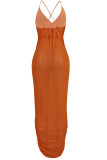 Blue Sexy Solid Patchwork See-through Spaghetti Strap Straight Dresses （Without Underwear）