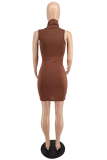 Brown Sexy Solid Patchwork Half A Turtleneck Pencil Skirt Dresses