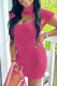 Rose Red Fashion Sexy Letter Embroidery Hollowed Out Turtleneck Short Sleeve Dress