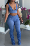 Blue Sexy Solid Fold V Neck Sleeveless Two Pieces
