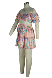 Red Sexy Print Patchwork Off the Shoulder Short Sleeve Two Pieces
