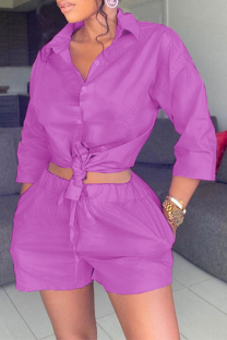 Purple Casual Solid Split Joint Turndown Collar Half Sleeve Two Pieces