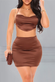 Coffee Sexy Solid Patchwork Halter Sleeveless Two Pieces