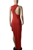 Red Sexy Solid Patchwork Backless Asymmetrical O Neck Vest Dress Dresses