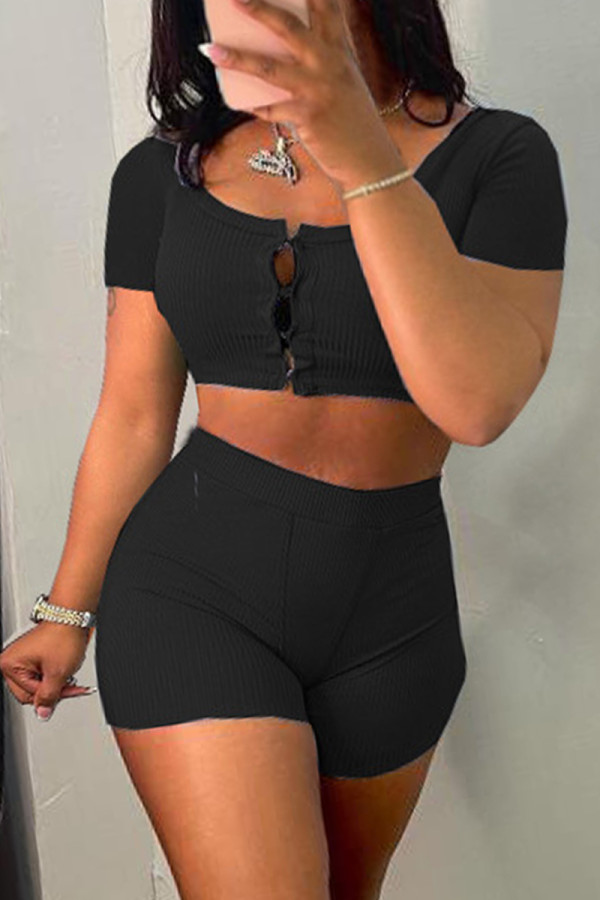 Black Fashion Casual Solid Basic O Neck Short Sleeve Two Pieces