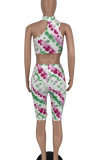 Cyan Casual Print Hollowed Out Patchwork O Neck Sleeveless Two Pieces