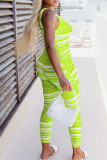 Fluorescent Green Fashion Casual Striped Print Basic V Neck Skinny Jumpsuits