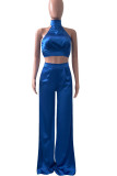 Deep Blue Elegant Solid Bandage Patchwork Halter Sleeveless Two Pieces
