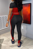 Red Sportswear Solid Patchwork V Neck Short Sleeve Two Pieces
