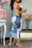 Multicolor Sexy Print Patchwork O Neck Pencil Skirt Dresses