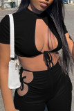 Red Fashion Sexy Solid Bandage Hollowed Out Half A Turtleneck Short Sleeve Two Pieces