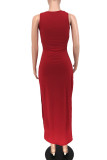 Red Street Solid Slit U Neck Two Pieces