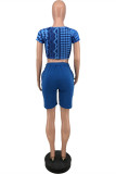 Blue Fashion Casual Print Basic O Neck Short Sleeve Two Pieces
