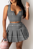Red Sexy Plaid Patchwork V Neck Sleeveless Two Pieces