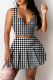 Black Sexy Plaid Patchwork V Neck Sleeveless Two Pieces