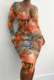 Orange Sexy Print Patchwork V Neck Pencil Skirt Dresses