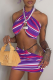 Purple Sexy Striped Patchwork Halter Sleeveless Two Pieces