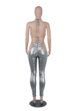 Blue Sexy Solid Hollowed Out Halter Skinny Jumpsuits