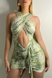 Red Sexy Print Bandage Hollowed Out Patchwork Draw String Fold Halter Pencil Skirt Dresses