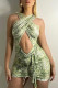 Green Sexy Print Bandage Hollowed Out Patchwork Draw String Fold Halter Pencil Skirt Dresses
