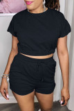 Black Casual Solid Patchwork Frenulum Backless O Neck Short Sleeve Two Pieces