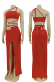 Red Sexy Solid Patchwork Spaghetti Strap Sleeveless Two Pieces