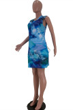 Sky Blue Fashion Casual Tie Dye Printing V Neck Sleeveless Dress