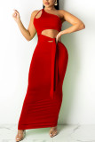 Red Sexy Solid Bandage Hollowed Out Patchwork Oblique Collar Pencil Skirt Dresses