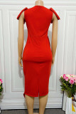 Red Fashion Casual Solid Asymmetrical V Neck Short Sleeve Dress