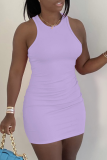 Pink Casual Solid Patchwork O Neck Pencil Skirt Dresses