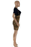 Yellow Fashion Casual Print Leopard Basic O Neck Short Sleeve Two Pieces