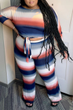 White Casual Striped Split Joint O Neck Plus Size Two Pieces