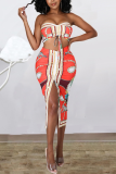 Red Sexy Print Split Joint Strapless Sleeveless Two Pieces