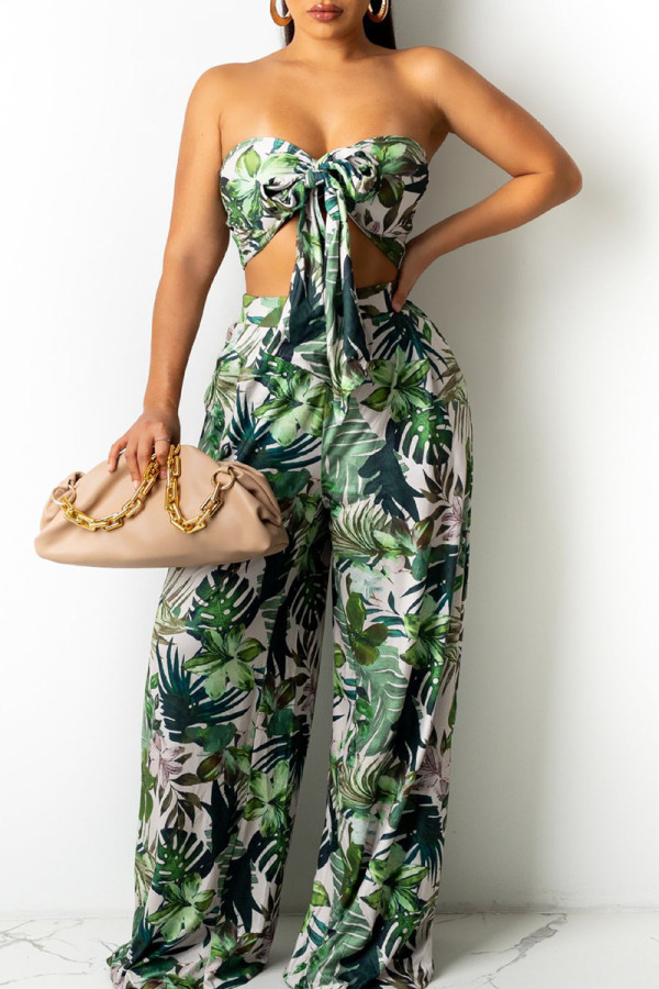 Green Sexy Print Split Joint With Bow Strapless Sleeveless Two Pieces