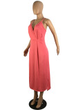 Watermelon Red Sexy Casual Solid Backless Slit V Neck Sling Dress