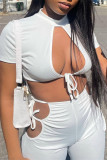 Red Fashion Sexy Solid Bandage Hollowed Out Half A Turtleneck Short Sleeve Two Pieces