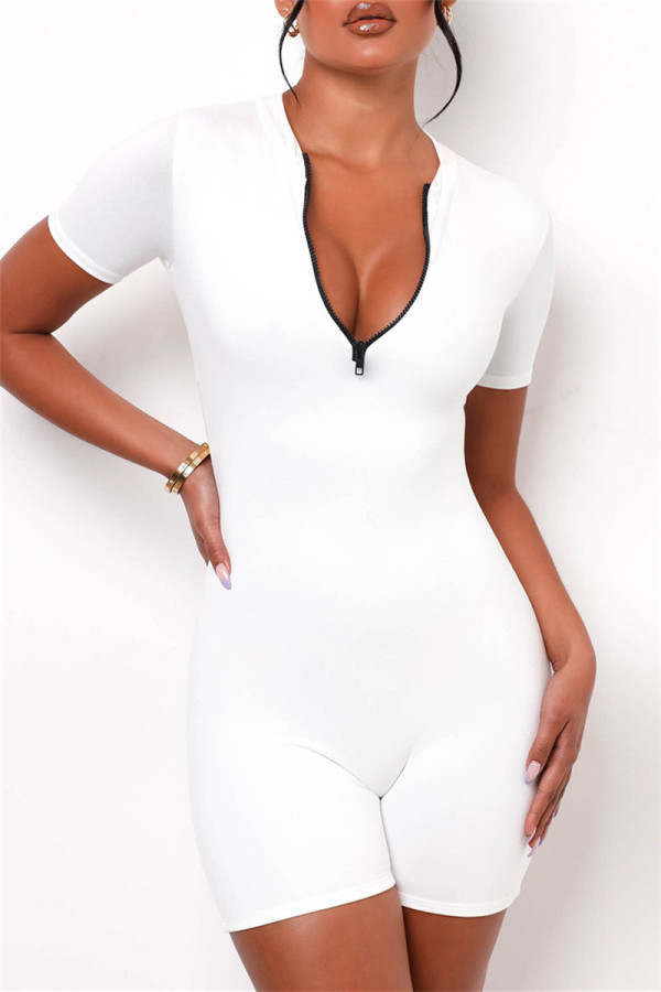 White Sexy Casual Solid Backless Zipper Collar Skinny Romper