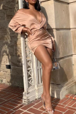 White Sexy Solid Patchwork V Neck Pencil Skirt Dresses