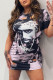 Pink Fashion Print Ripped Hollowed Out O Neck T-shirt Dress