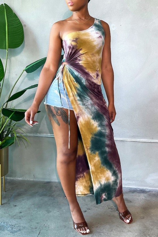Multicolor Fashion Sexy Print Tie Dye Backless Slit One Shoulder Sleeveless Dress