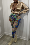 Turquoise Sexy Print Mesh Skinny Mid Waist Pencil Full Print Bottoms