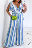Blue Elegant Striped Print Patchwork V Neck Plus Size Jumpsuits