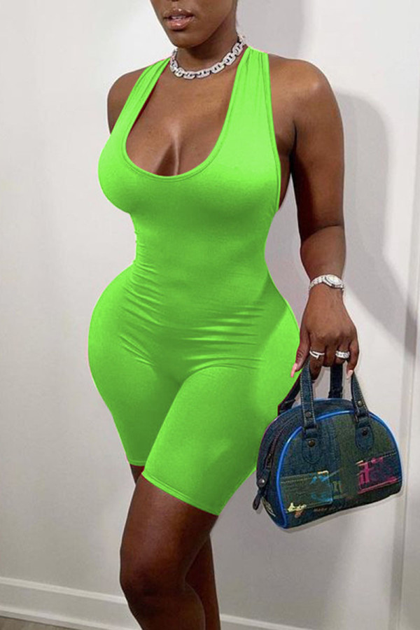 Fluorescent Green Casual Solid Patchwork U Neck Skinny Rompers