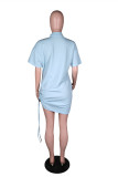 Light Blue Fashion Casual Solid Draw String Turndown Collar Short Sleeve Dress