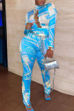 Blue Street Print Hollowed Out Patchwork Metal Accessories Decoration Turtleneck Long Sleeve Two Pieces