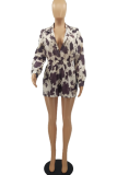 Khaki Sexy Print Patchwork Turndown Collar Regular Rompers
